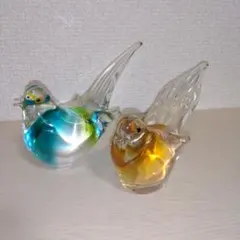 ガラス製 鳥の置物 ペア 2羽セット（青・黄）ペーパーウェイト オブジェ