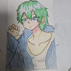 アニメスタイルイラスト 緑髪 青ジャケット