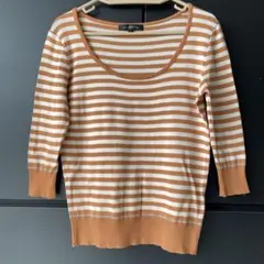green label relaxingオレンジ×クリームストライプ五分袖ニット