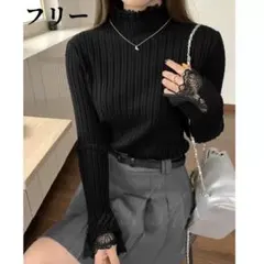 リブニット ハイネック 袖レース　セーター　重ね着風 長袖 きれいめ　新品　黒