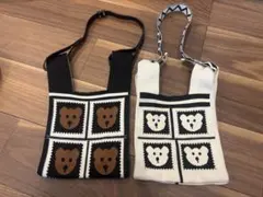 クマモチーフ ニットトートバッグ　肩掛けショルダー付き
