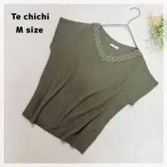 【テチチ】フレンチスリーブニット M オリーブ レースデザイン 上品のサムネイル