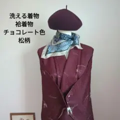 《美品》洗える着物　袷着物　茶系　秋色　松柄　地紋　和洋折衷コーデ　リメイク