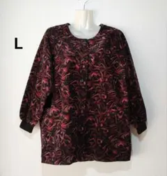 スモック02 ノーカラージャケット ラグラン袖　黒×赤　割烹着　秋〜春　Ｌ