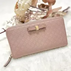 GUCCI マイクロGG リボン ラウンドファスナー長財布 ピンク - メルカリ