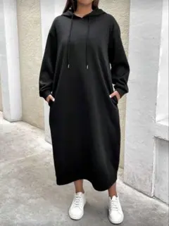 shein ブラック フード付き スウェットワンピース