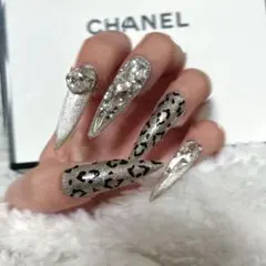 ネイルチップ　ロング　ギャル　ヒョウ柄　マグネット