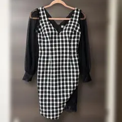 【美品】JEWELS ツイードチュールスリーブドレス M