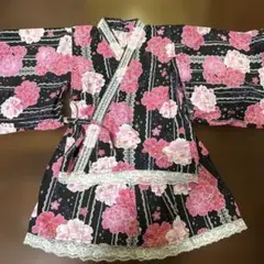 浴衣 黒地にピンクの花柄 120cm