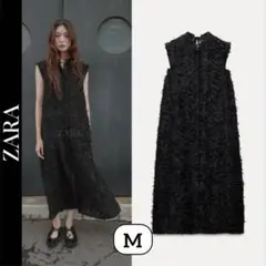 ZARA フリンジ付き ボリューム ミディ丈 ワンピース L ブラック 新品