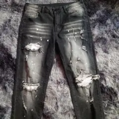 ダメージ加工 ペイント スキニーデニムパンツ ブラックドリップdrip29 