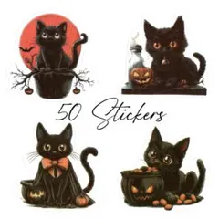 ステッカー　黒猫＊ハロウィン　50枚　ハロウィン猫　黒猫シール　PET素材