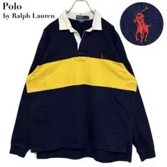 ポロバイラルフローレン ラガーシャツ 刺繍ロゴ ネイビー×イエロー XL相当