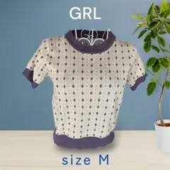 【美品】GRL グレイル 半袖ニット セーター Mサイズ ダイヤ柄 レトロ 紫