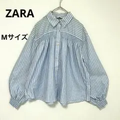 ZARA ストライプ シャーリングブラウス バルーンスリーブ M 青 白