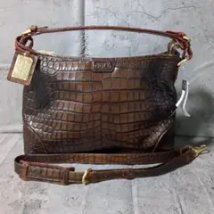 【GOLD】 ゴールド 牛革 ブラウン 2way クロコ型押し ハンドバッグ