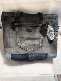 ハンドメイド デニムパッチワーク トートバッグ