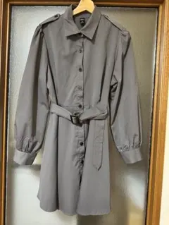 グレー 長袖 シャツワンピース ベルト付き 大きいサイズ ワンピース　ワンピ