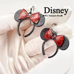 C420/Disney/ブラック レッド グリッター リボン カチューシャピアス