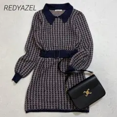 REDYAZEL/襟付きニットワンピース/ベルト付き/総柄/パフスリーブ/F