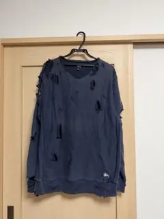 Stussy ダメージ加工 スウェット ネイビー トレーナー 紺 古着のサムネイル