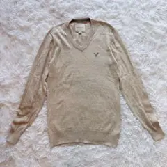 アメリカンイーグル Vネックセーター ベージュ XS 刺繍ロゴ コットンニット