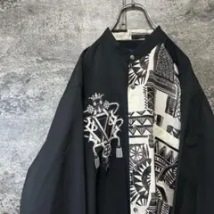 z*e様 古着　90s ヴィンテージ ノーカラー柄シャツ　刺繍デザイン　ツートン