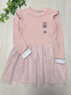 ❇ワンピース 女児 サーモンピンク ウサギワッペン チュールワンピース❇