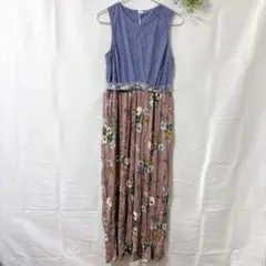 美品✨花柄×ストライプ 切替 ノースリーブ ロングワンピース ベルト付ガーリー