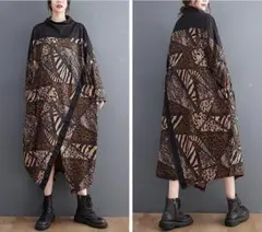 大きいサイズ 新品秋冬 千鳥格子柄 ゆったり ロングワンピース O型シルエットｑ