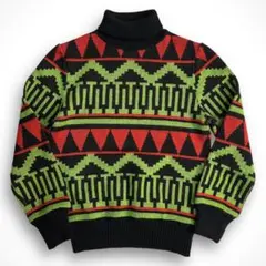 値下げ レア【VINTAGE】90s 総柄 レトロ タートルネックニット 古着