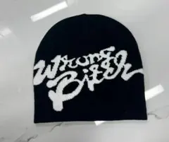 Y2K ストリート ビーニー ニット帽 ホワイトロゴ ブラック