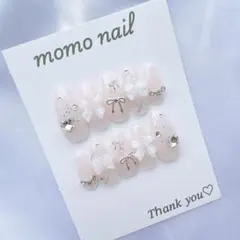 シアーラメピンク フレンチガーリー チェック リボン ワンホン韓国ネイル