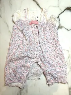 ミキハウス　花柄ロンパース フリル付き ピンク・薄紫系
