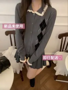 【新品】ニット アーガイル柄グレー長袖 カーディガン 洋服 ファッション