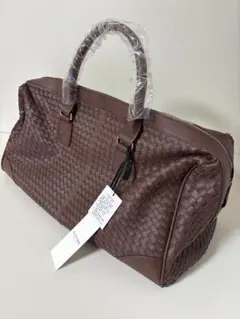 ブラウン PUレザー ボストンバッグ 編み込みデザイン　旅行バッグ　ビジネス
