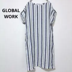 グローバルワーク フレンチリネン ワンピース ストライプ 半袖 ひざ丈のサムネイル