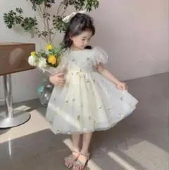 ★フラワー刺繍チュールワンピース★ベビードレス☆110サイズ☆結婚式　発表会