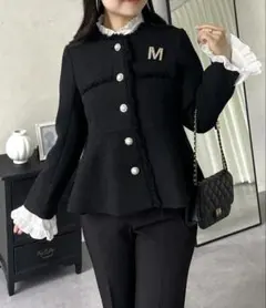 パールボタンペプラムツイードジャケット　Mサイズ　ブラック