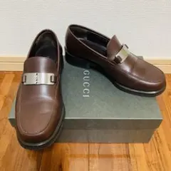 GUCCI ブラウンレザー ローファー シルバープレート 35ハーフ