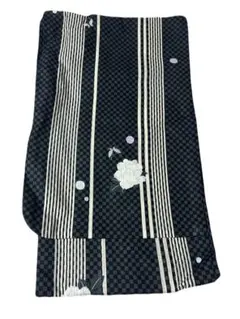 浴衣 単品 黒 市松模様 牡丹 蝶 ラメ 綿100%