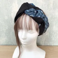 和風編み込みターバン　着物リメイク クロスターバン　ヘアバンド　ブラック&模様