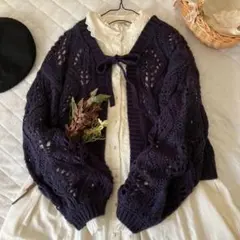 新品★サマンサモスモス★ネイビー結びリボン＊柄編みざっくりニット＊２ＷＡＹ前後着