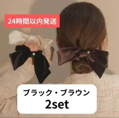 ベロアリボン シュシュ 2個セット ブラウン ブラック ヘアゴム 大きめ