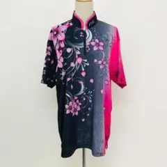【匿名配送】ABS ボウリングウェア ボウリングシャツ 花柄 蝶プリント XL