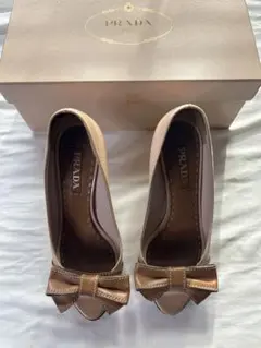PRADA オープントゥ ピンクベージュ リボン付き ハイヒール　37