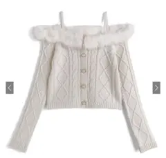 ファーオフショルダーケーブル編みニットトップス[gn549]