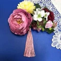 髪飾り　ピンクローズ　コサージュ　タッセル　マム　セット　卒業式　成人式　結婚式