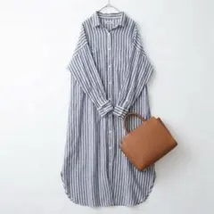 サマンサモスモス　コットンリネンロングシャツワンピース　ブルー　ストライプシャツ