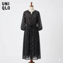 【美品】UNIQLO ユニクロ シアー小花柄ロングワンピース M ブラック